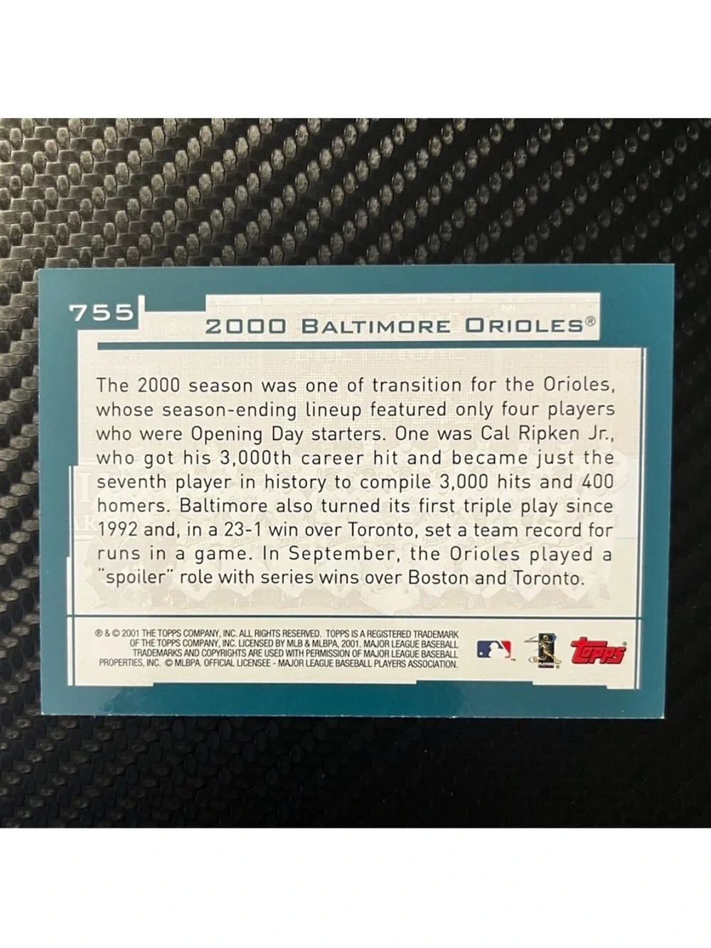 VINTAGE 2000 BALTIMORE ORIOLES TEAM BASEBALL TRADING CARD #755 TOPPS 50 YEARS
